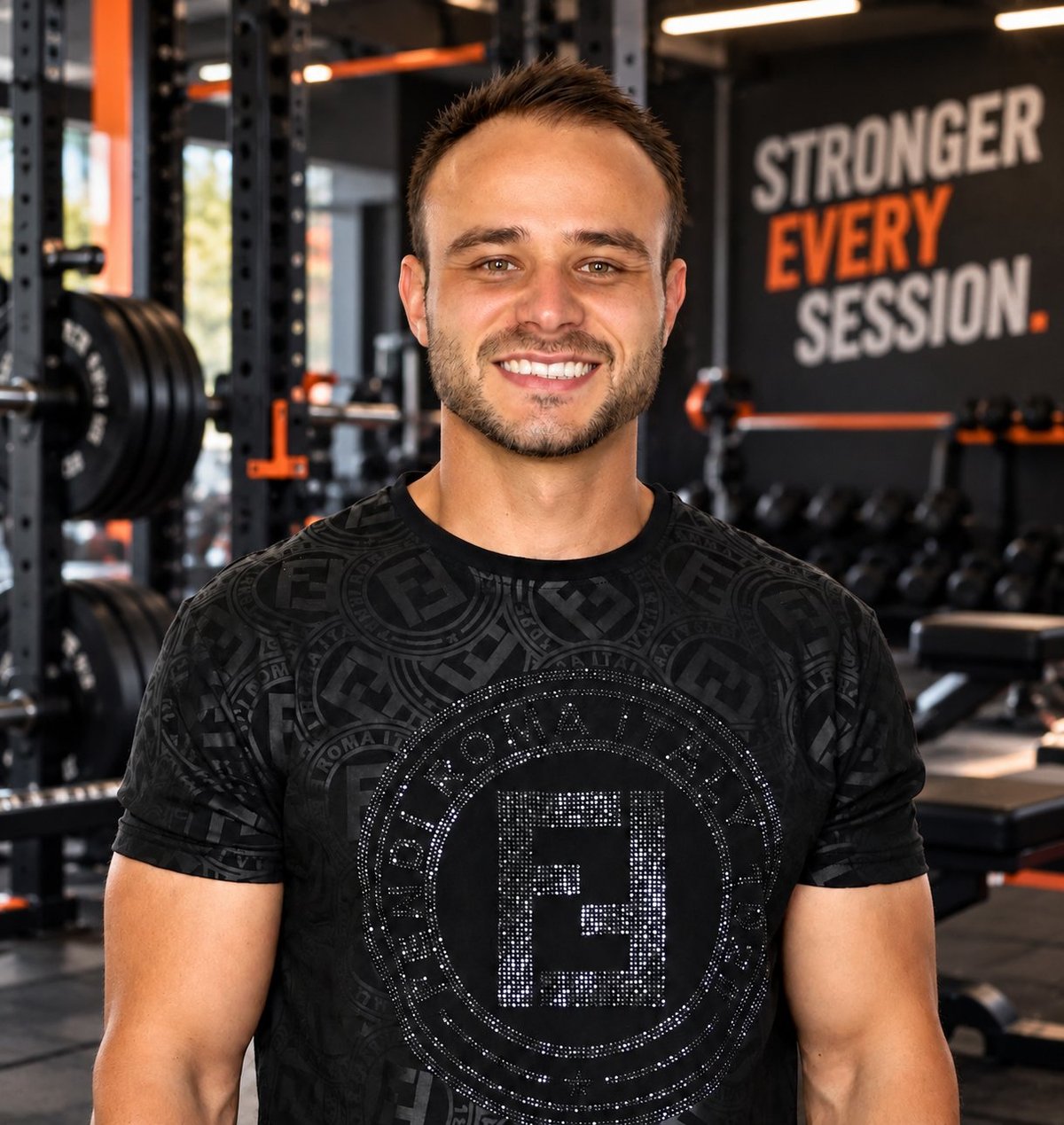 Donovan smiling at the camera in the gym, wearing a black BOOTFIT graphic t-shirt with the STRONGER EVERY SESSION sign behind him